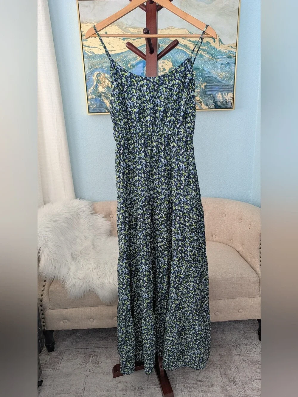 Michael Kors Blue Green and White  Floral  Maxi Dress Woman's   Sz P/M.
